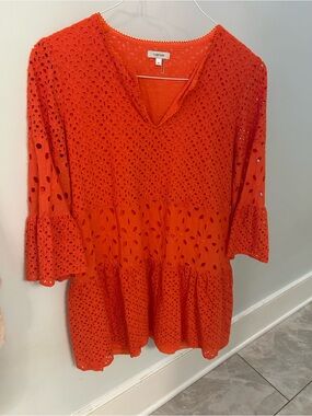 Tyler Boe Bright Orange Eyelet V-Neck Mini Dress